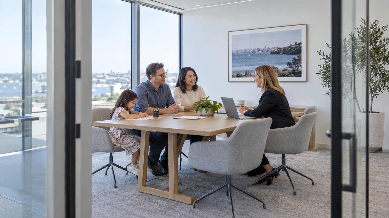 A couple and their daughter meet a broker in an office with a view over Sydney Harbour.