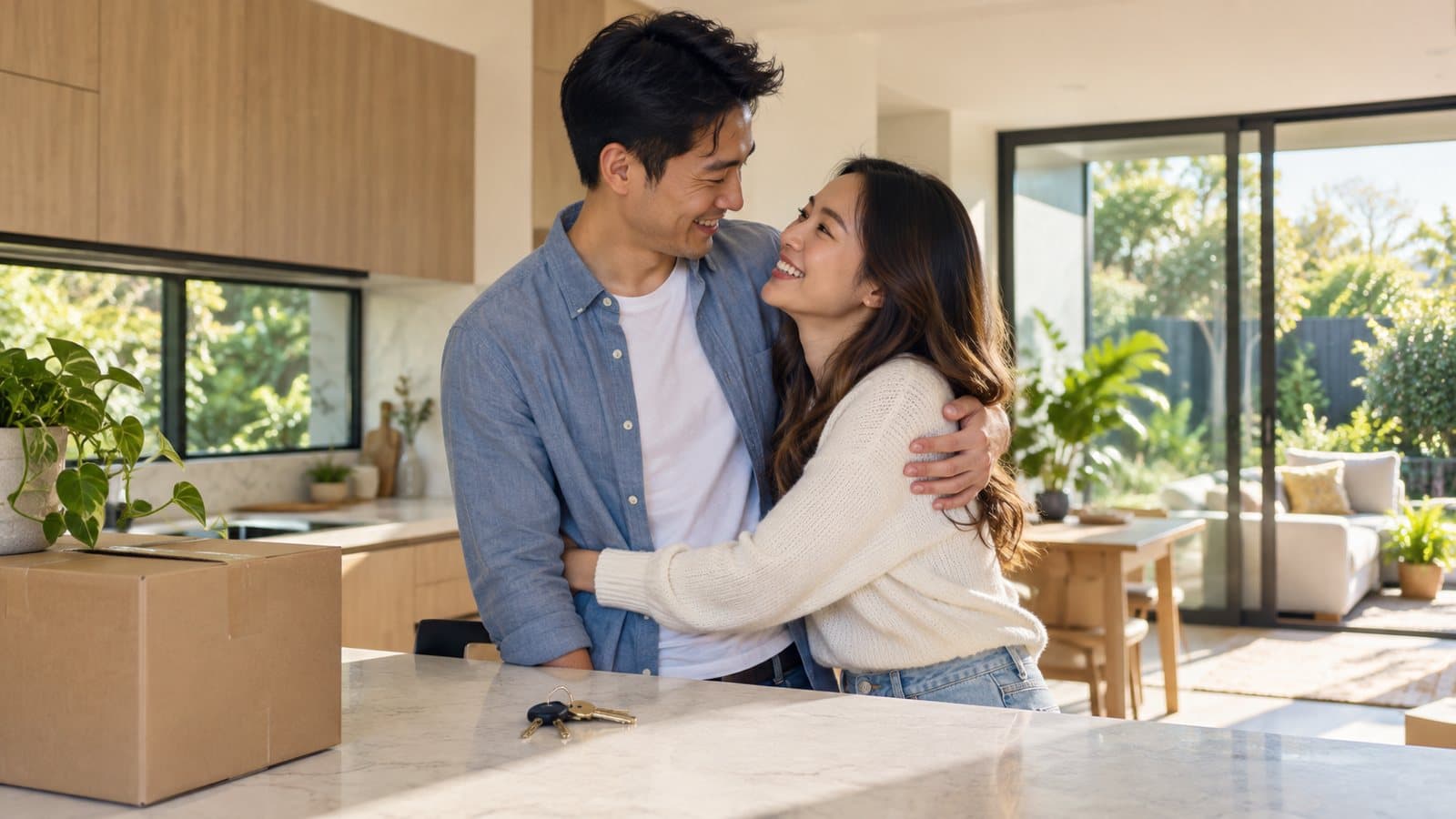 A couple hug in the kitchen of their new home, with packing boxes on the bench.
