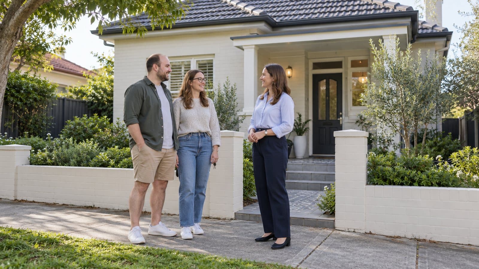 A couple holding house keys talk with a woman outside a white brick home.