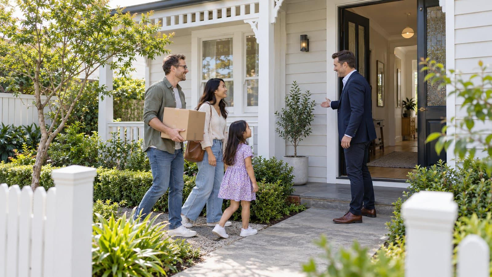 A man in a suit welcomes a family carrying a moving box to the front door of a weatherboard home.