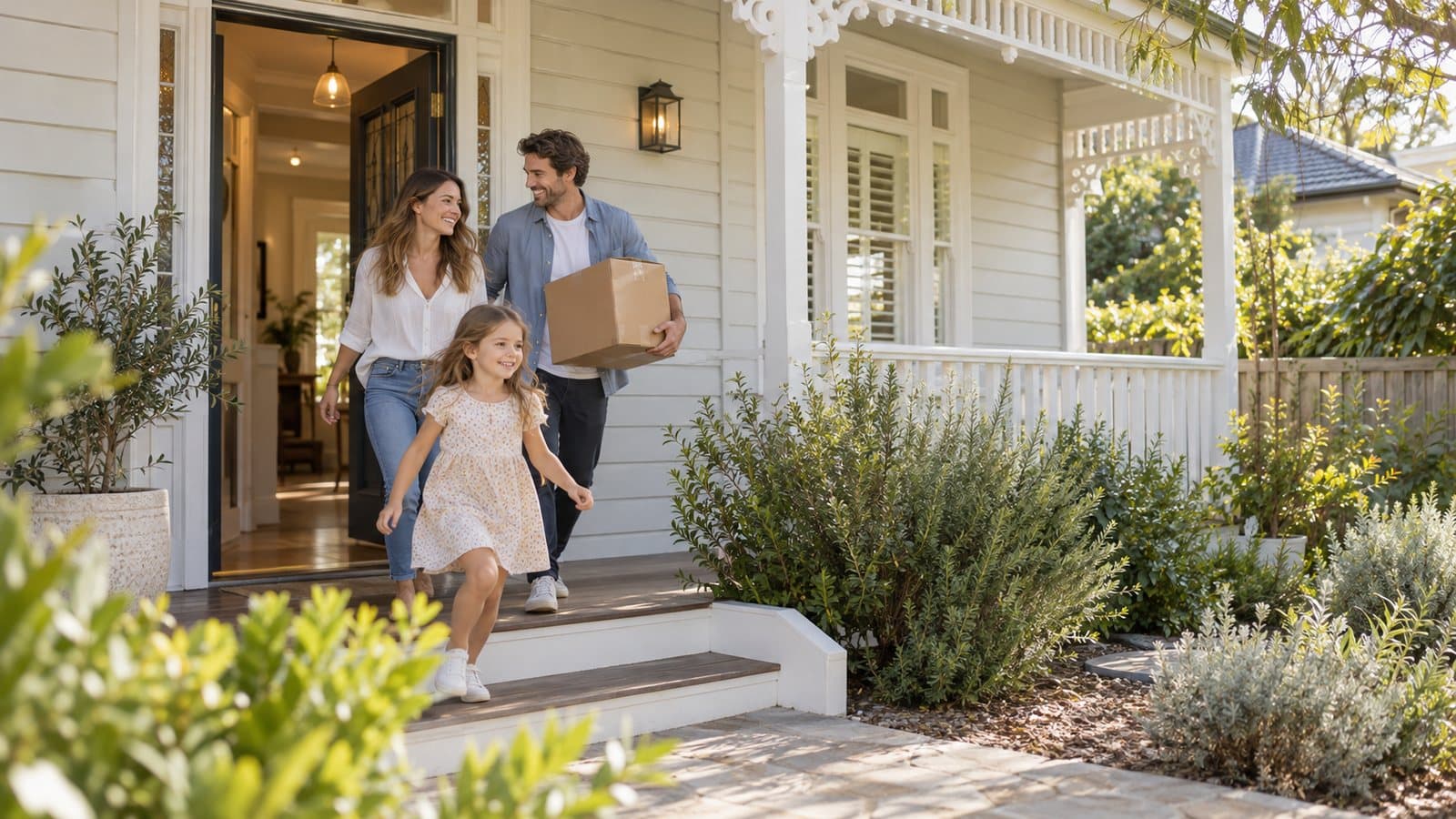A family carries moving boxes up the front steps into a white weatherboard home.