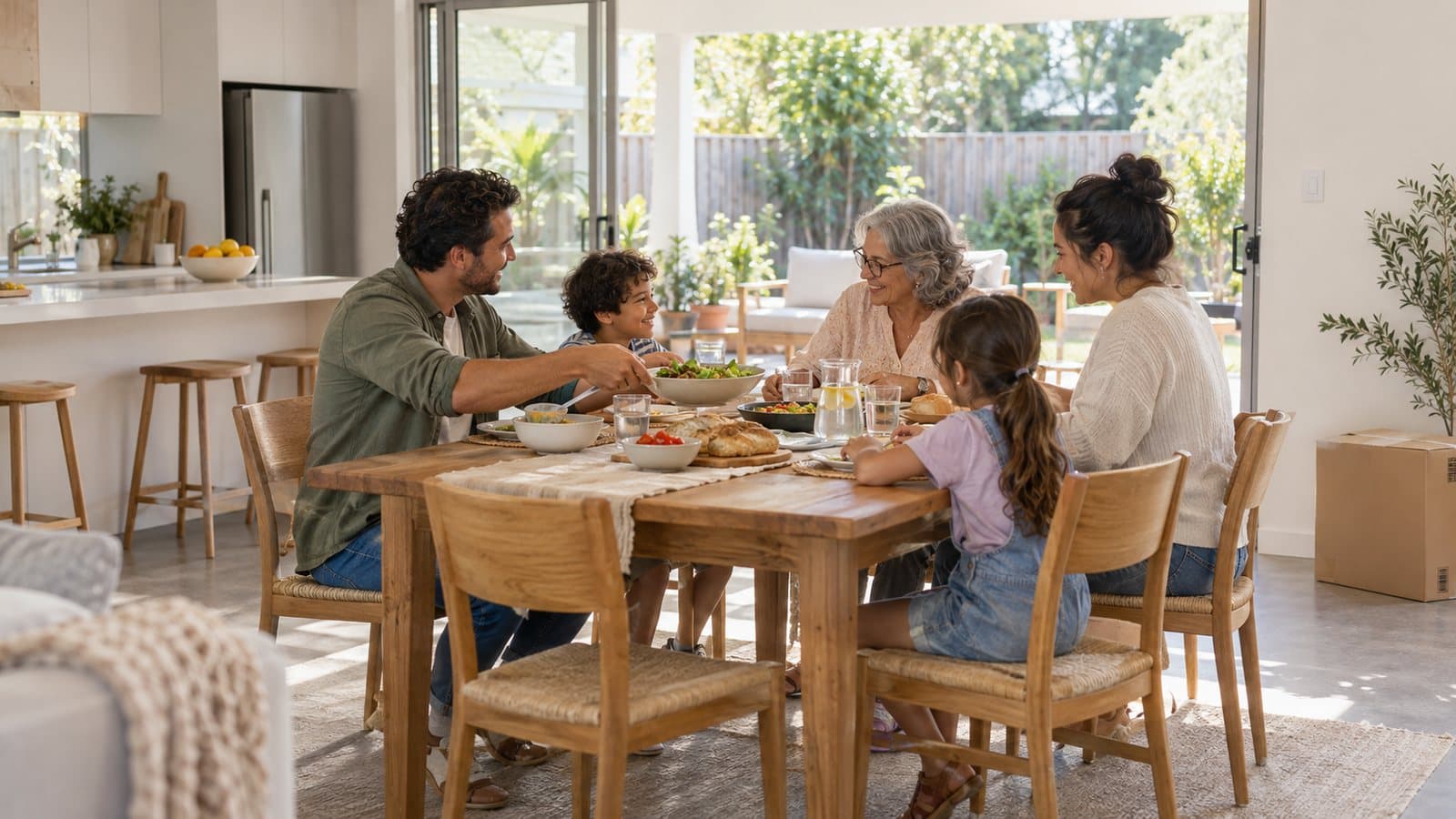 Three generations of a family share a meal around a timber dining table.