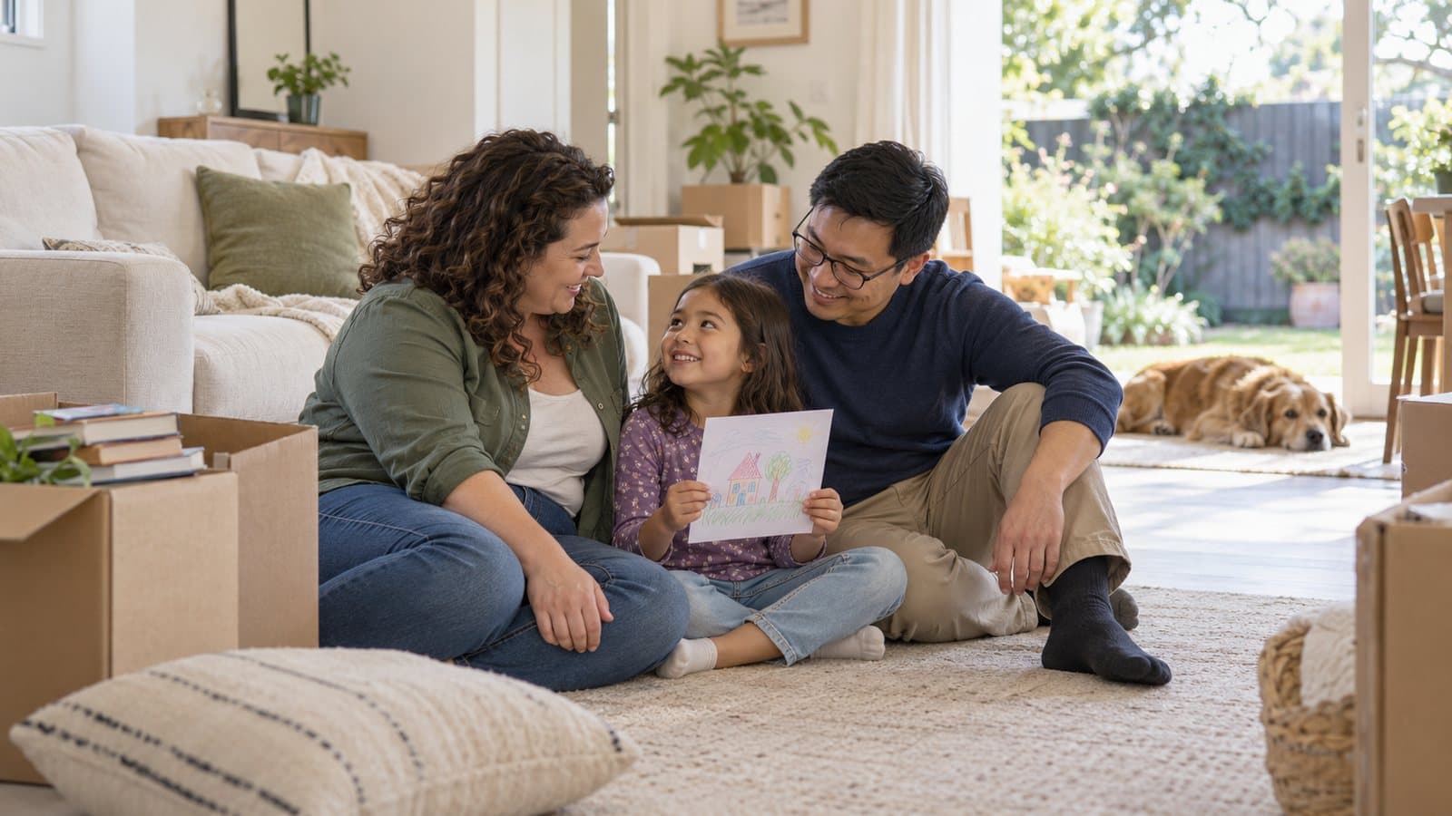 Parents and their daughter sit on the lounge room floor looking at a drawing, surrounded by moving boxes.