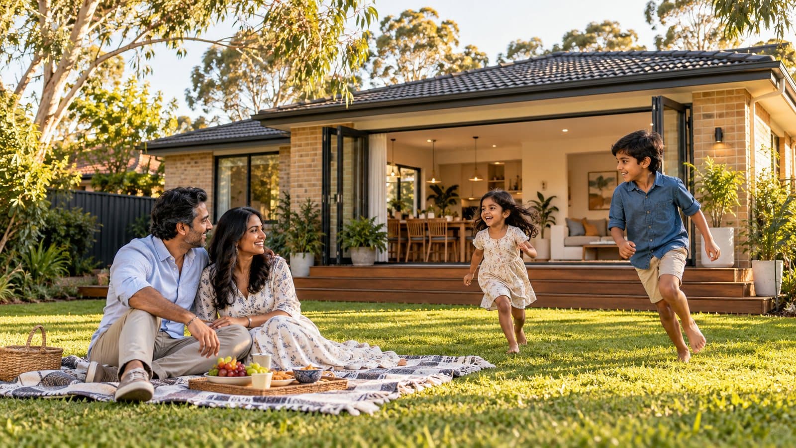 A family has a picnic on the back lawn of a brick home while the children run across the grass.