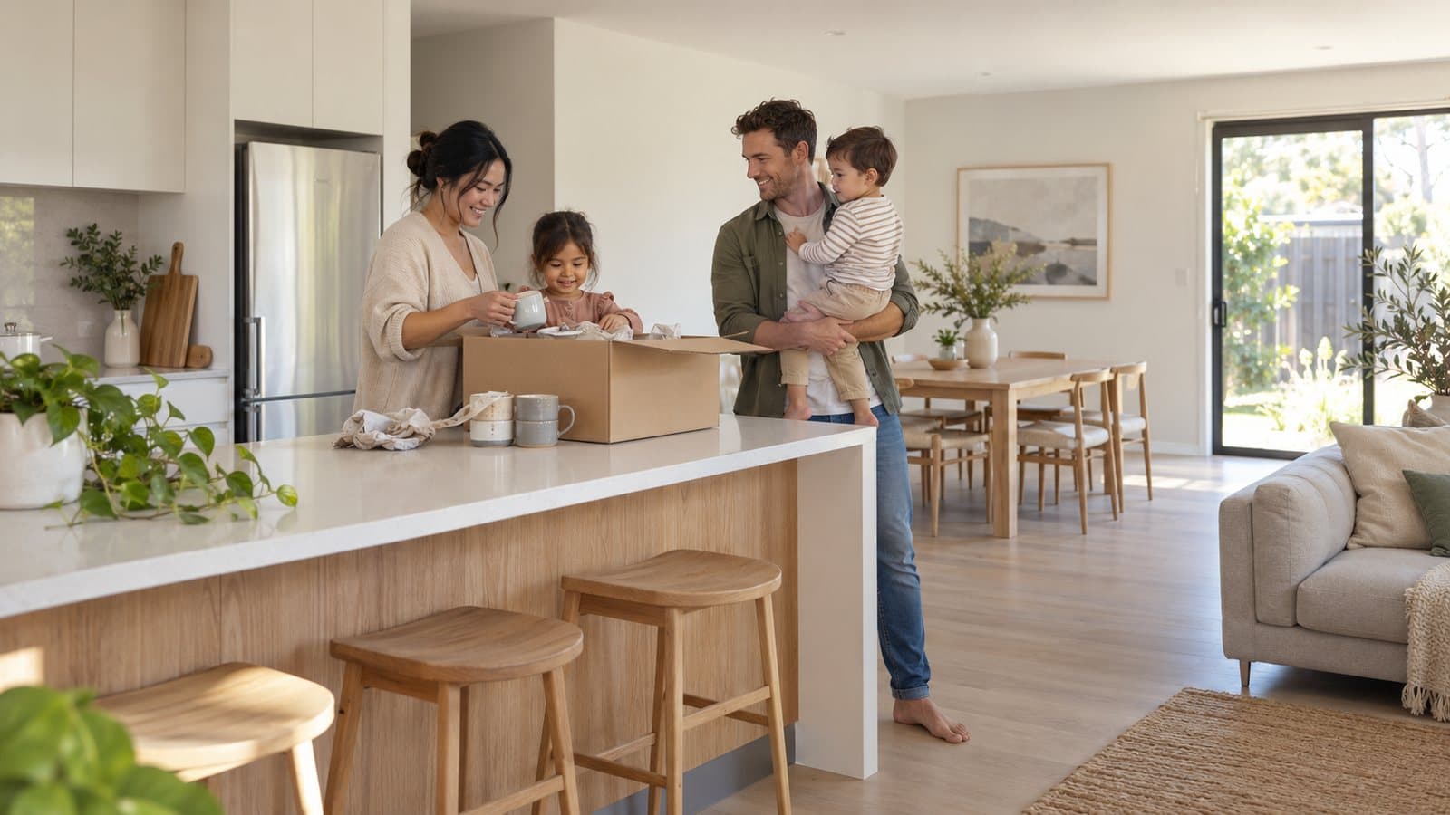 A family unpacks boxes in a bright kitchen, the father holding a toddler.