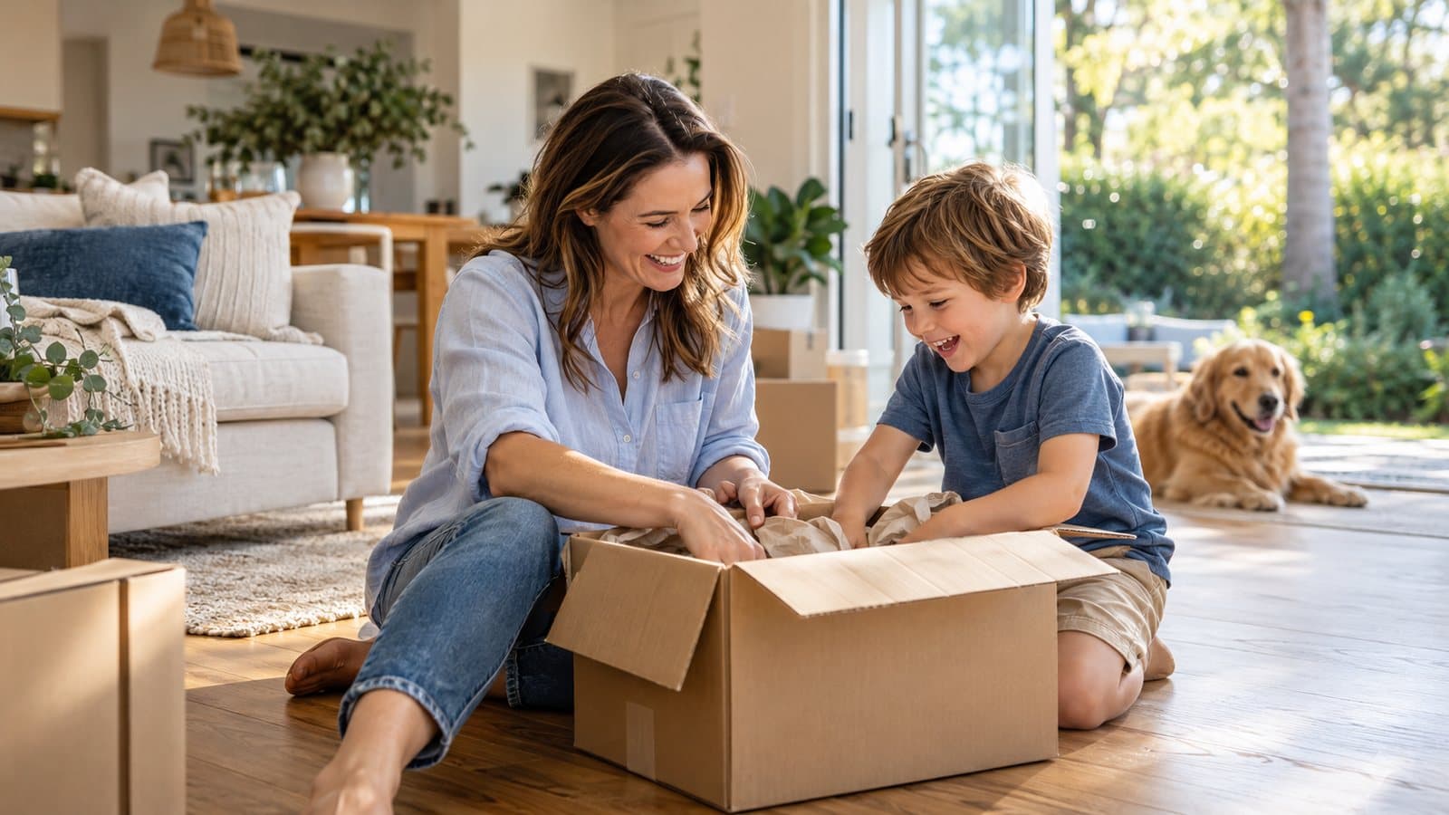 A mother and her young son unpack a moving box on the lounge room floor of their new home, with the family dog beside them.