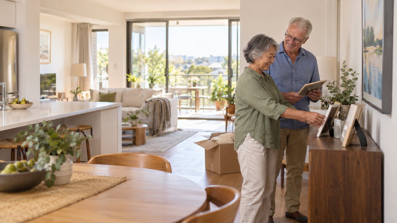 An older couple unpack framed photos in the living room of their new apartment.